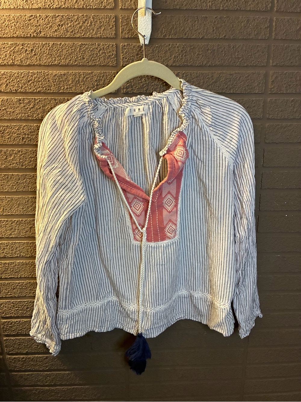 THML Boho Striped Embroidered Tassel Blouse Top Size Small